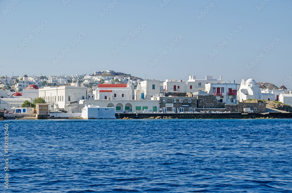 Panoramic vew of Mykonos town (Chora) from the Aegean Sea