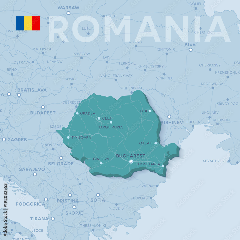 Map of cities and roads in Romania.