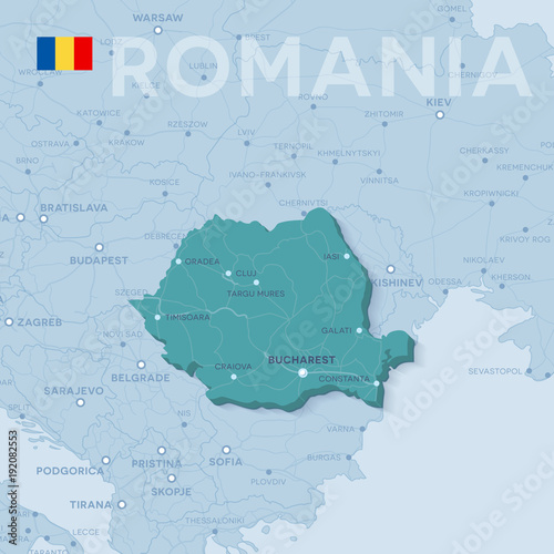 Canvas Print Map of cities and roads in Romania.