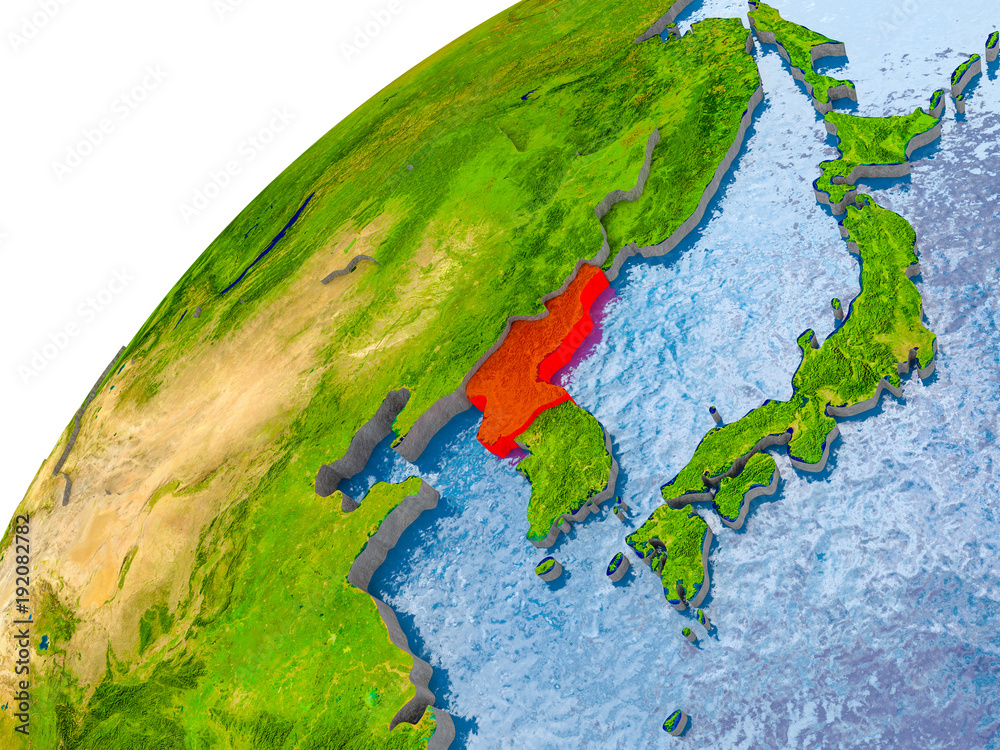 Map of North Korea in red on globe