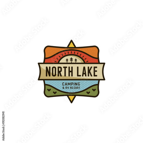 Vintage hand drawn travel badge. Camping label concept. Mountain expedition logo design. Travel badge, rv logotype. North Lake sign. Stock vector patch isolated on white background