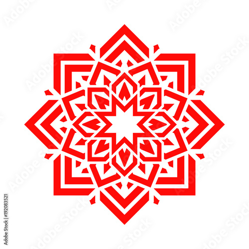 Arabic flower in red color. Vector mandala floral design. Abstract round symbol. Eastern decorative element. Modern idea for decor, cosmetics emblem, beauty and fashion salon, business logotype