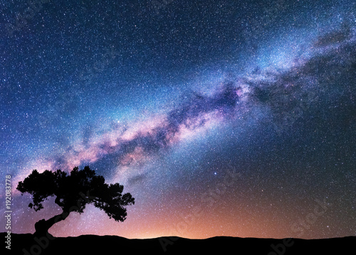 Milky Way with alone old crooked tree on the hill. Colorful night landscape with bright milky way, starry sky, tree, yellow light in summer. Space background. Galaxy. Beautiful universe. Travel