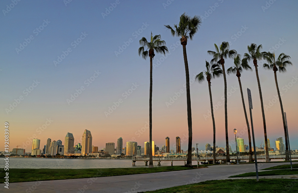 A view of San Diego, California from Coronado Island at dusk.