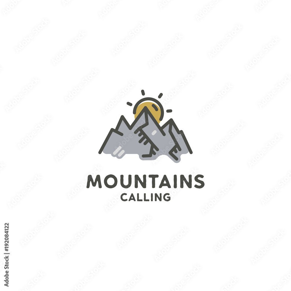 Mountains are calling flat concept. Cute line art style. Adventure line art logo template. Mountain expedition logotype. Retro Color Palette. Stock vector illustration isolated on white background