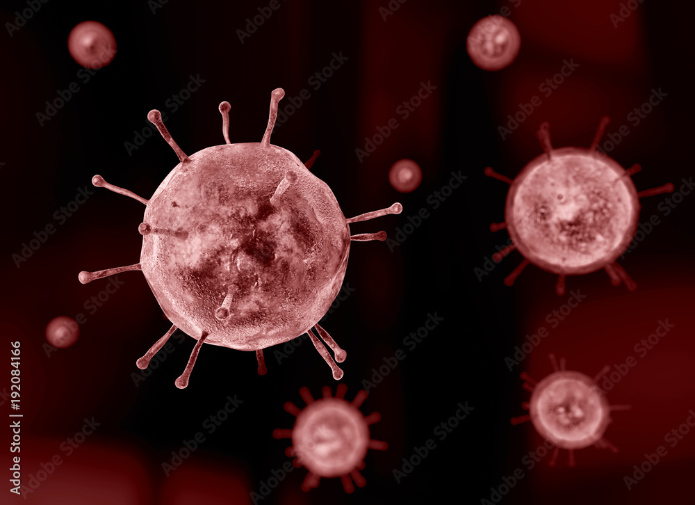 Virus, influenza, vista di un virus al microscopio, malattia infettiva  ilustración de Stock | Adobe Stock