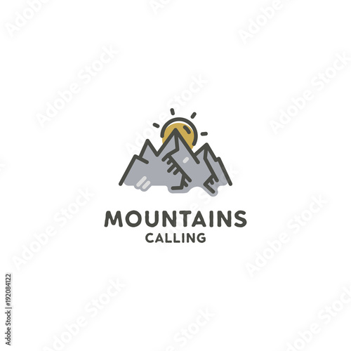 Mountains are calling flat concept. Cute line art style. Adventure line art logo template. Mountain expedition logotype. Retro Color Palette. Stock vector illustration isolated on white background