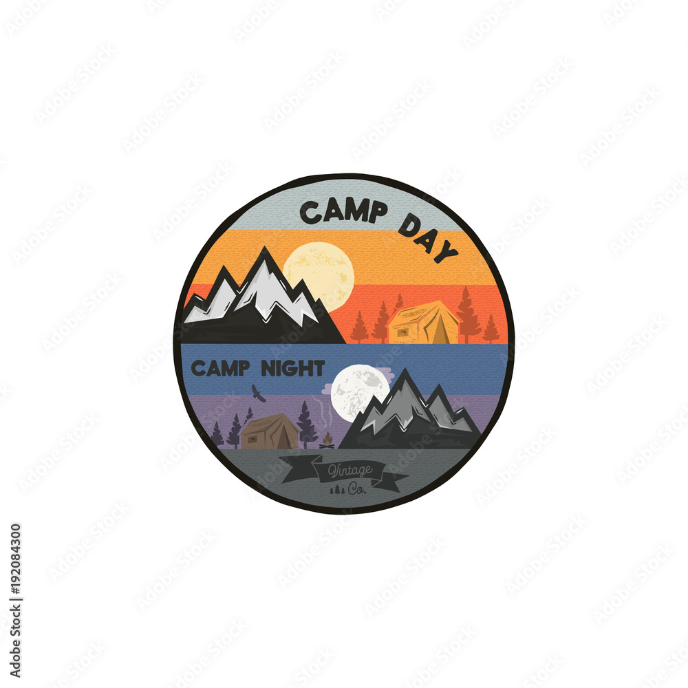 Camp day and camp night outdoor adventure concept. Unique camping emblem, badge. Included mountains, tent, bonfire, eagle symbols and elements. Letterpress effect. Stock vector illustration