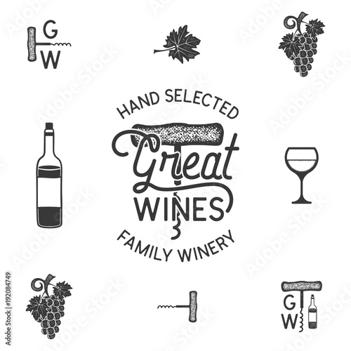 Wine, winery logo and icons, elements. Drink, alcoholic beverage symbol, monogram. Wine bottle, glass, grape, leaf. Great wines lettering. Stock vector monochrome illustration isolated on white