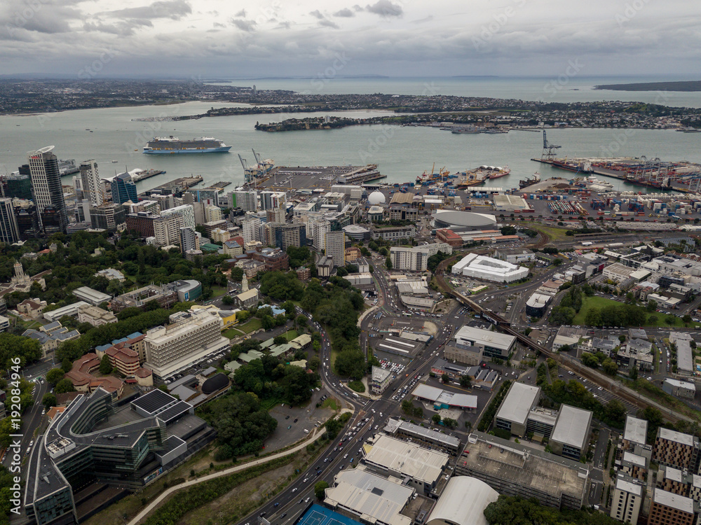 Auckland Harbor Aerial View With Cruise Ship In Bay 