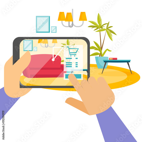 Human hands holding tablet with augmented reality application that lets place virtual furniture to real home before buying. Vector cartoon illustration isolated on white background. Square layout.