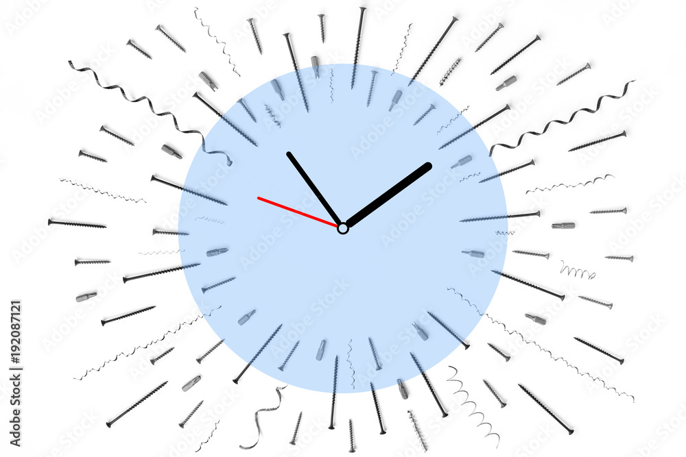 The clock on pattern of screws, nails, metal shavings, bits for a screwdriver on white background. The clock on pattern of screws, nails, metal shavings, bits for a screwdriver on white background.