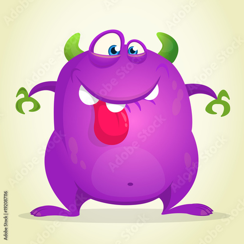 Angry cartoon monster showing tongue. Vector illustration of purple monster character for Halloween