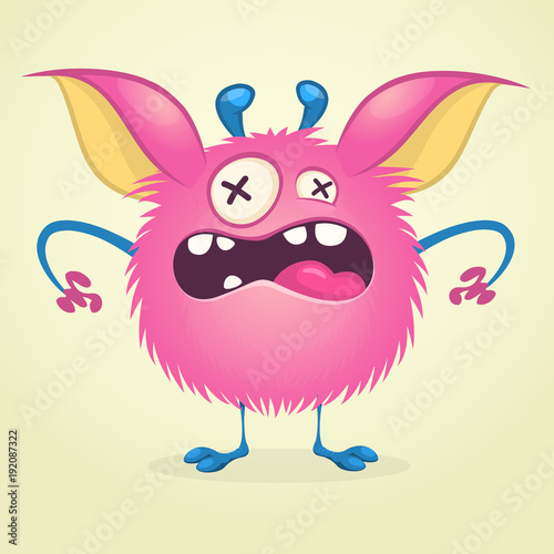 Angry cartoon monster. Vector  furry pink monster character on tiny legs and big ears. Halloween design for print, party decoration, sticker or children book