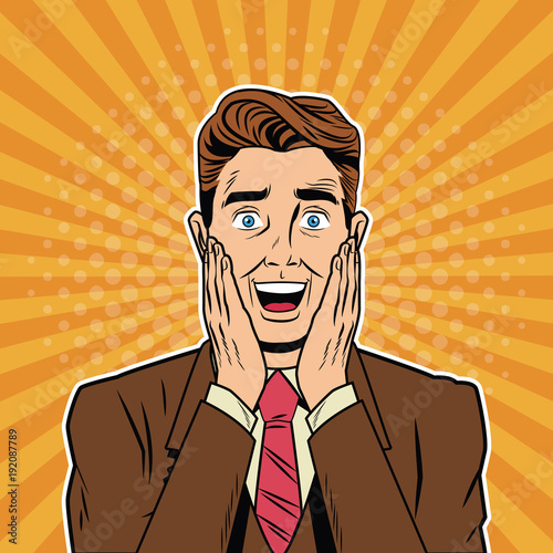 Businessman surprised pop art cartoon vector illustration graphic design suit and elegance style vibrant colors