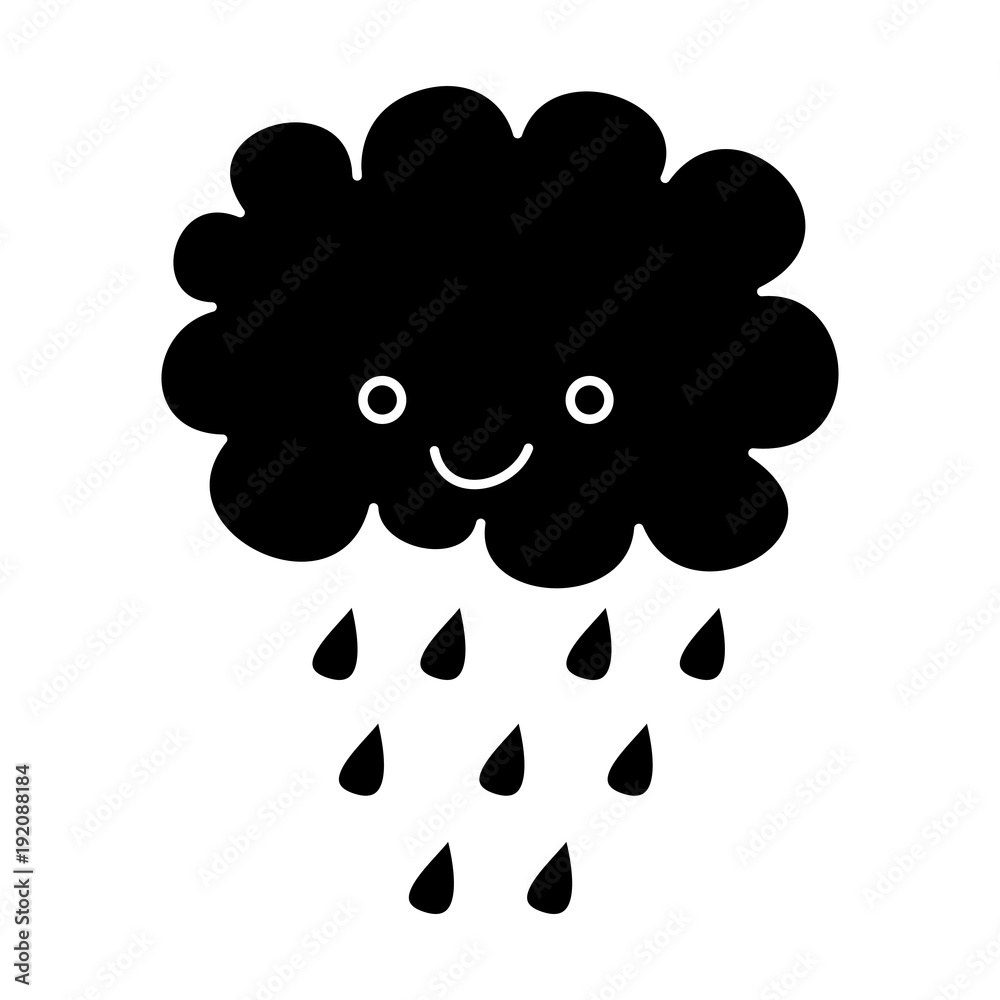 cute cartoon happy cloud rain drops vector illustration black and white  design Stock Vector | Adobe Stock