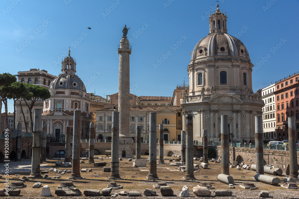 Amazing view of Trajan Column and Forum in city of Rome, Italy