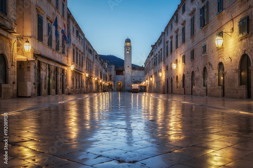 Old town of Dubrovnik with famous Stradun in twilight, Dalmatia, Croatia