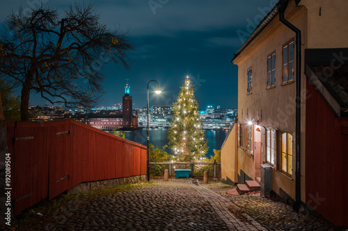 Obraz na płótnie Historic city center of Stockholm with town hall and Christmas Tree in twilight, Sweden w salonie