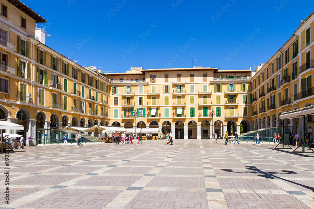 Panoramic morning view of the famous Plaza Major in Palma de Mallorca Spain Baleric Islands.