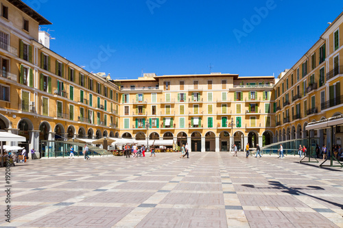 Panoramic morning view of the famous Plaza Major in Palma de Mallorca Spain Baleric Islands.
