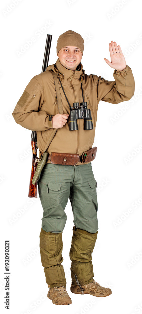 Full length portrait of a male hunter with double barreled shotgun Isolated on white background. hunting and people concept. Full length portrait of a male hunter with double barreled shotgun Isolated on white background. hunting and people concept.