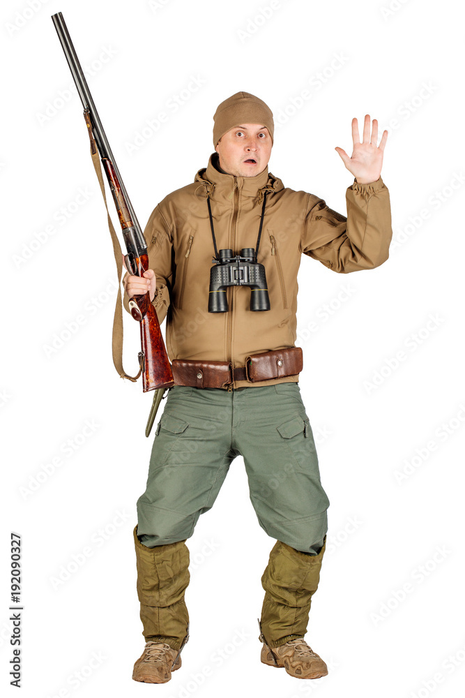 Full length portrait of a male hunter with double barreled shotgun Isolated on white background. hunting and people concept. Full length portrait of a male hunter with double barreled shotgun Isolated on white background. hunting and people concept.