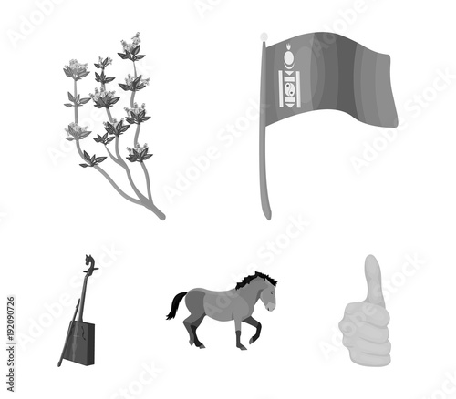 National flag, horse, musical instrument, steppe plant. Mongolia set collection icons in monochrome style vector symbol stock illustration web.