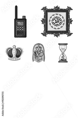 Picture, sarcophagus of the pharaoh, walkie-talkie, crown. Museum set collection icons in monochrome style vector symbol stock illustration web.