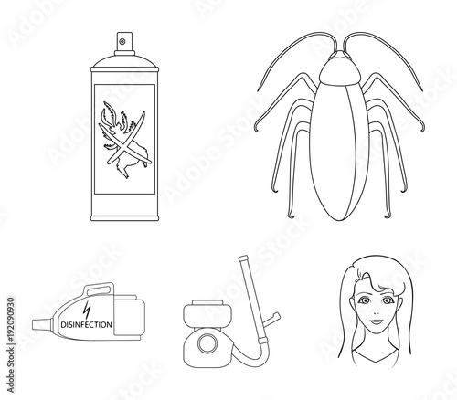 Cockroach and equipment for disinfection outline icons in set collection for design. Pest Control Service vector symbol stock web illustration.