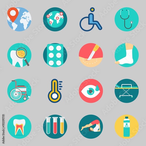 Icons set about Medical. with yoga, sprain and location