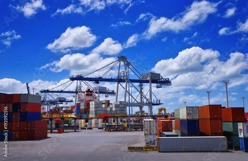 View of colorful containers and cargo cranes in the port. International cargo shipping concept.