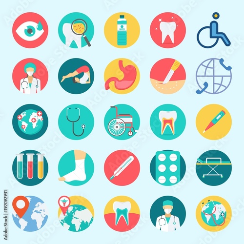 icons set about Medical. with sprain, thermometer, stomach, visibility, tooth and stretcher