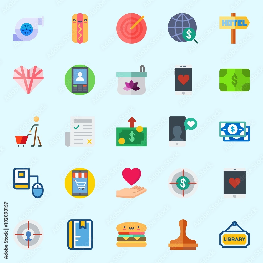 Icons set about Lifestyle with paper work, online education, cosmetics, hamburger, library and smartphone