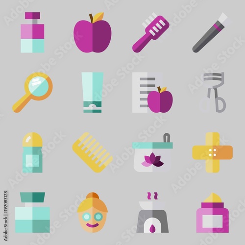 icons set about Beauty. with aromatherapy, band aid, deodorant, cologne, eyelashes curler and apple