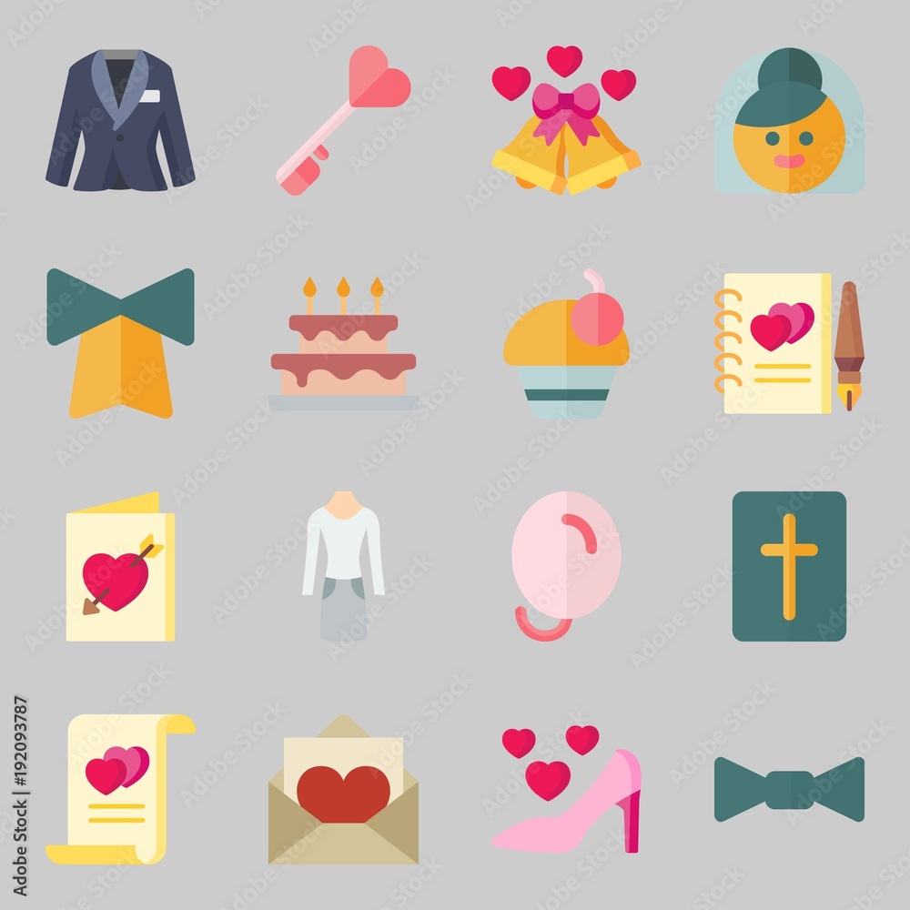 Icons set about Wedding. with wedding bells, guests book and suit Icons set about Wedding. with wedding bells, guests book and suit