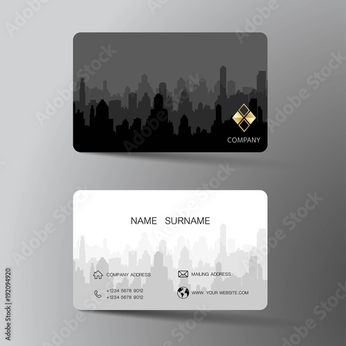 Realistic detailed business card design. With inspiration from  building city. Contact card for company. Two sided black and white on the gray background. Vector illustration. 