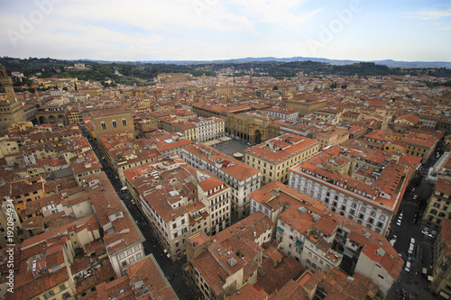 City center panorama, aerila view, Florence, Tuscany, Italy; roofs, buildings and streets.