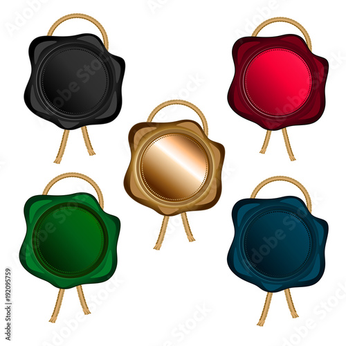 wax seal with Golden rope of different colors (gold, black, red, blue, green), isolated objects
