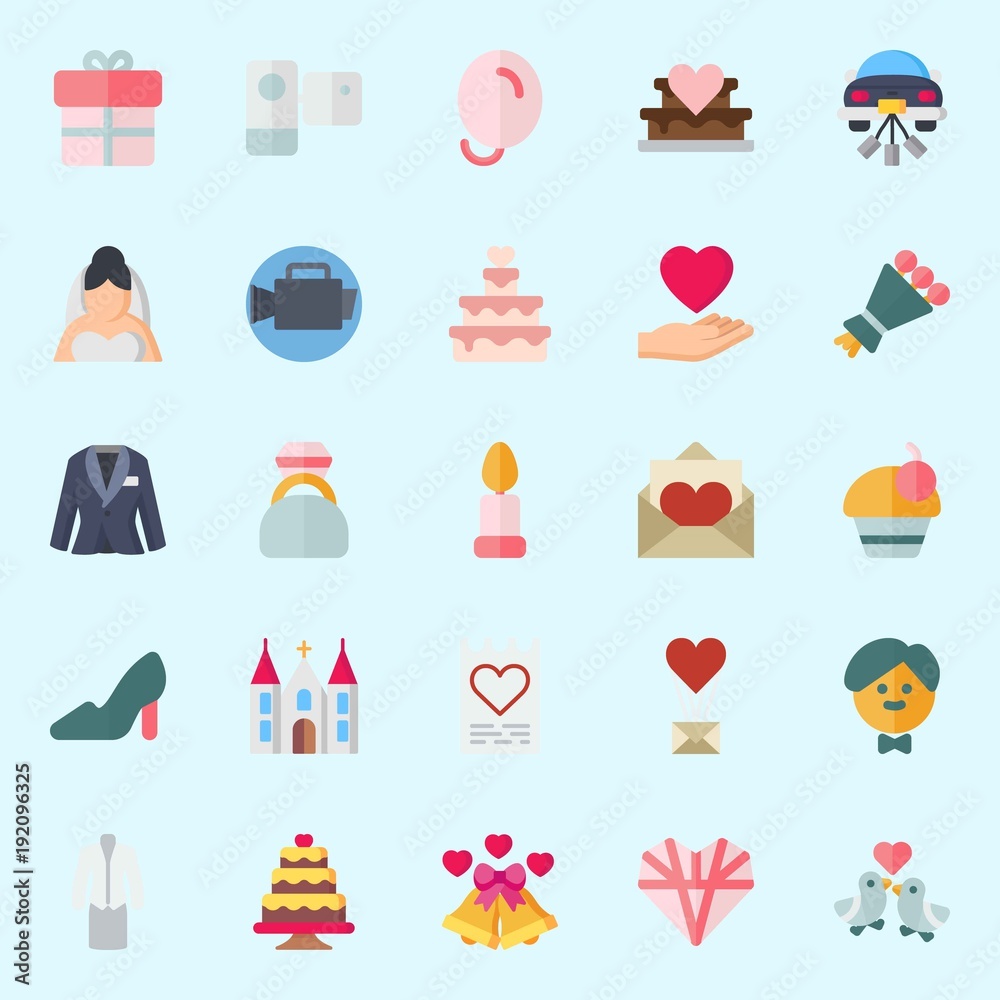 icons set about Wedding. with video camera, groom, wedding car, wedding bells, love letter and church icons set about Wedding. with video camera, groom, wedding car, wedding bells, love letter and church