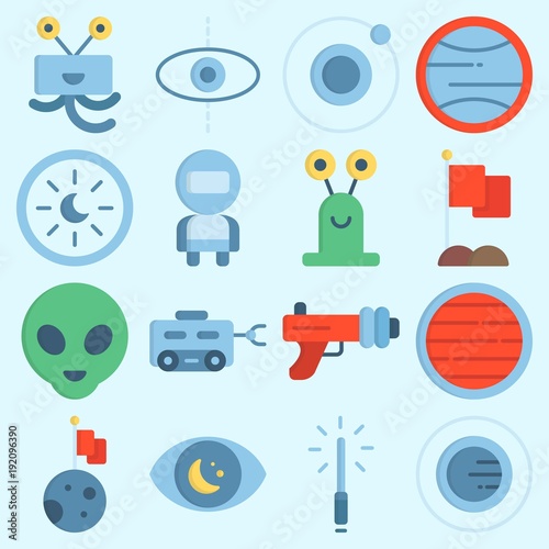 icons set about Universe. with flag, observation, blaster, astrology, lightsaber and orbit
