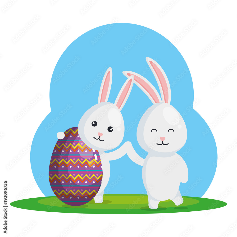 Fototapeta premium rabbit with eggs painted easter celebration vector illustration design