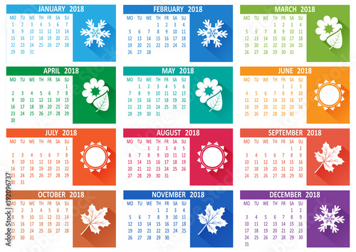 Calendar 2018  template. Week starts from Monday. Vector illustration