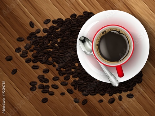 Coffee cup with wood texture and coffee beans