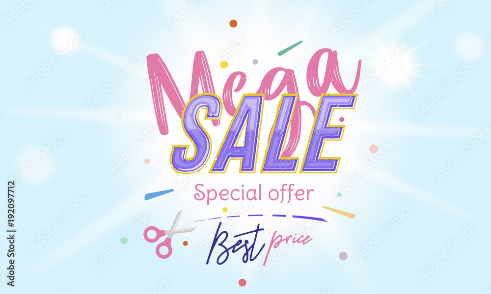 Mega Sale Banner with font combination on the colour background with blur and light effects. Flat vector illustration EPS 10 Mega Sale Banner with font combination on the colour background with blur and light effects. Flat vector illustration EPS 10