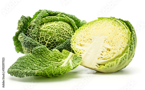 Savoy cabbage fresh green head one section half and separated leaf isolated on white background.