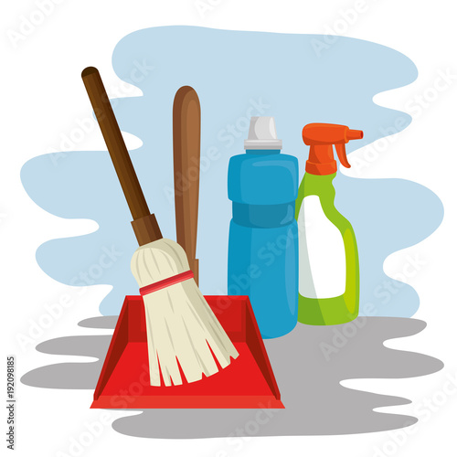 cleaning supplies with spray broom dustpan housekeeing concept vector illustration graphic design