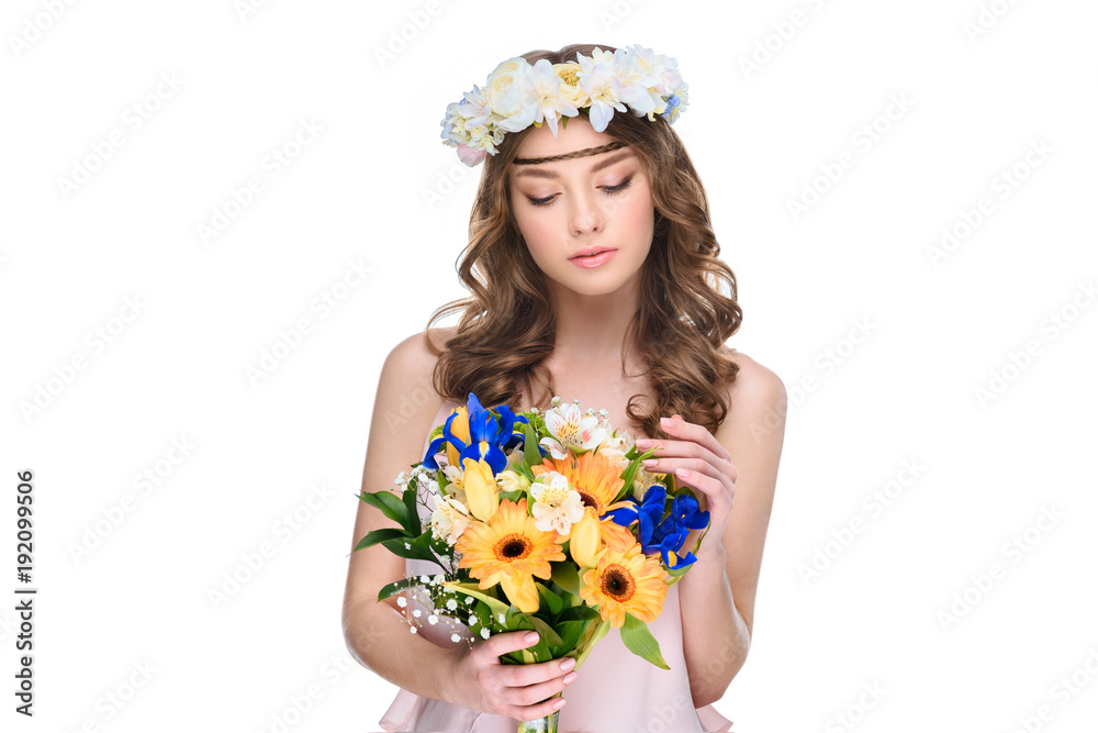 young woman in floral wreath with bouquet isolated on white young woman in floral wreath with bouquet isolated on white