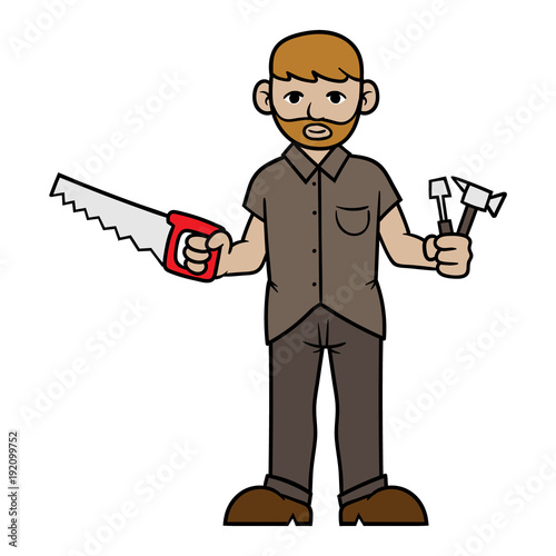 cartoon carpenter holding saw and tools clip art preview