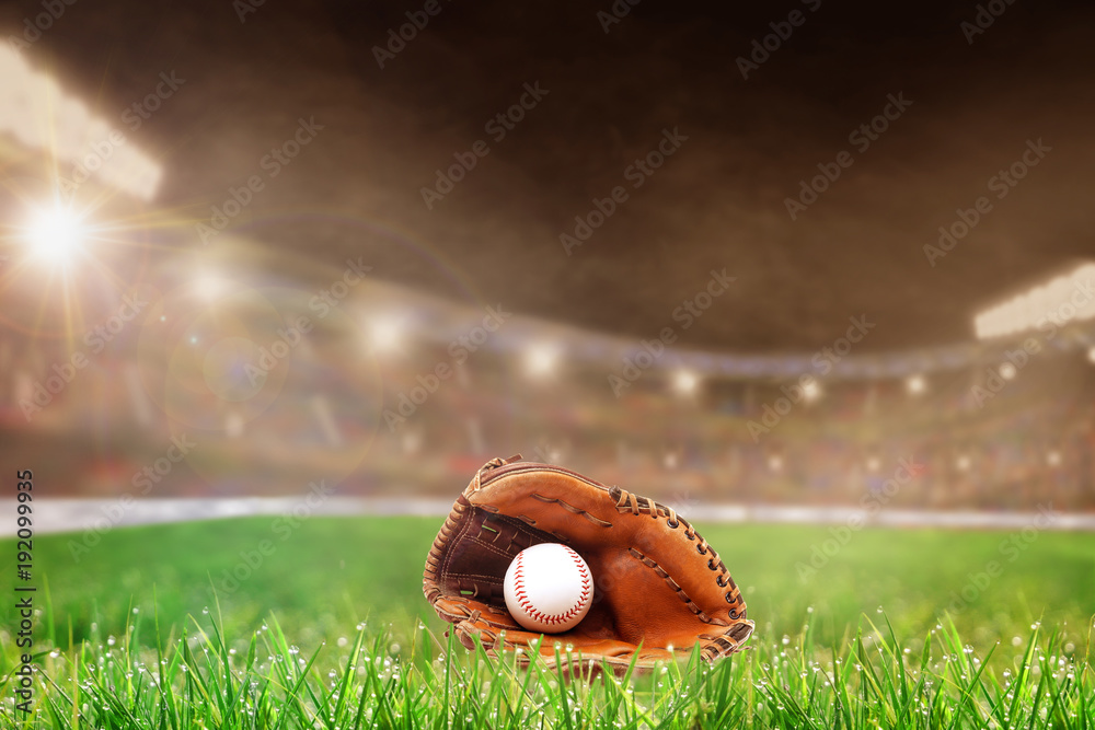 Outdoor Baseball Stadium With Glove and Ball, and Copy Space Outdoor Baseball Stadium With Glove and Ball, and Copy Space